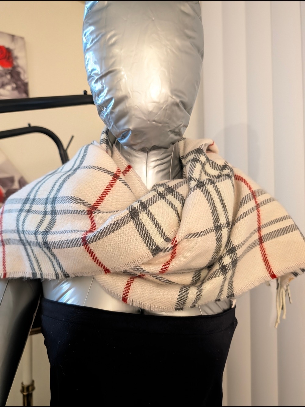 V. FRAAS Ivory Plaid Scarf with Black & Red Accents - Picture 3 of 4